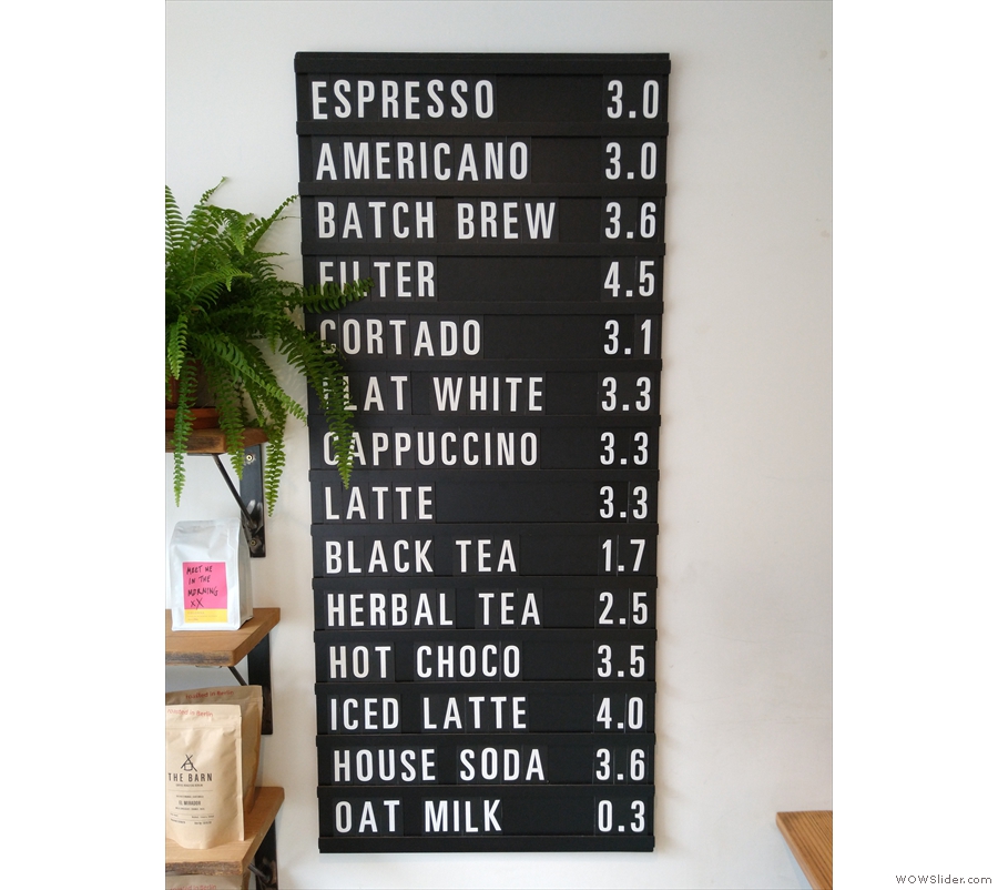 The menu's concise & to the point: black drinks top, milk drinks middle, not coffee, bottom.