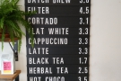 The menu's concise & to the point: black drinks top, milk drinks middle, not coffee, bottom.