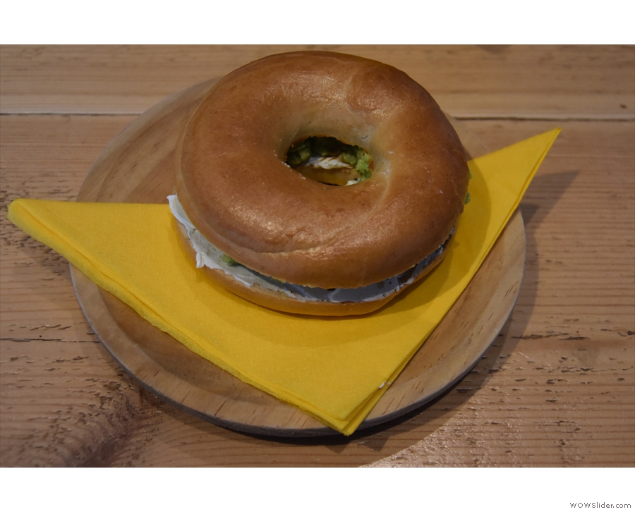 ... and a cream cheese and avocado bagel (me). 