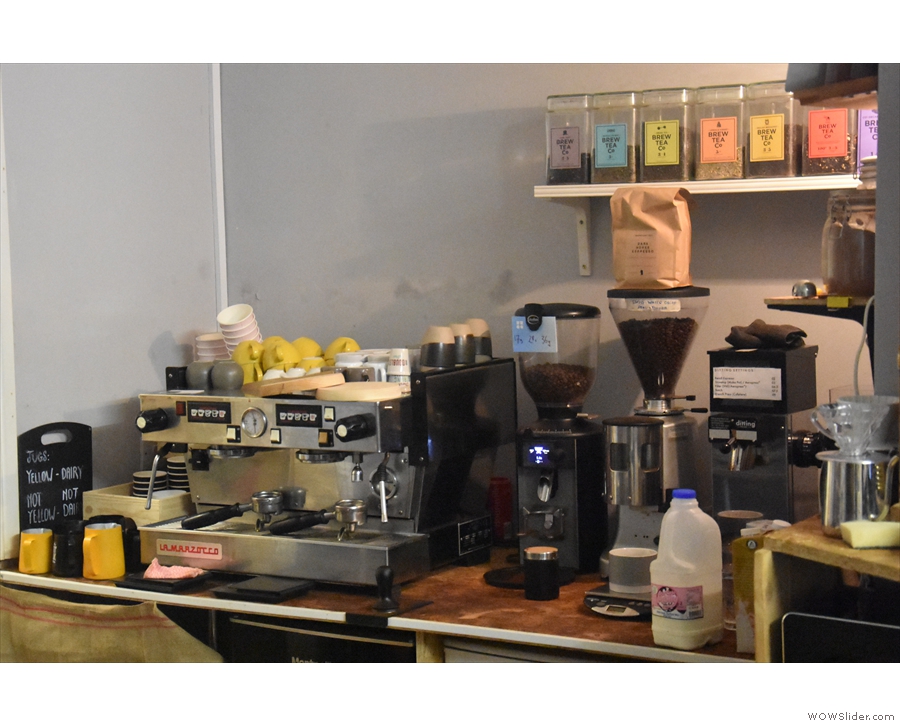 The coffee (and tea) part of the operation is tucked away behind the counter on the right.