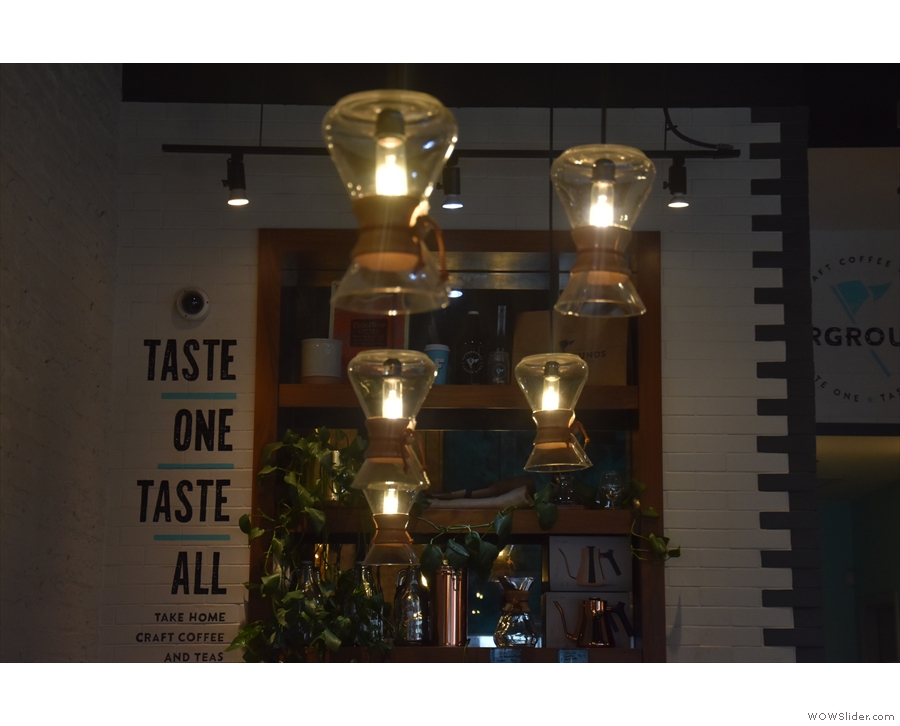 Despite all the windows, there are plenty of lights, including these awesome Chemex...