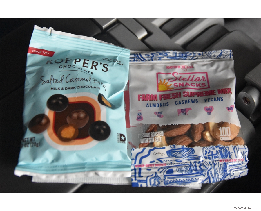 There's no meal service on this flight, but we do get a selection of snacks.