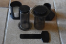 The contents: the AeroPress itself, plus the filters (left), funnel (right) and stirrer.