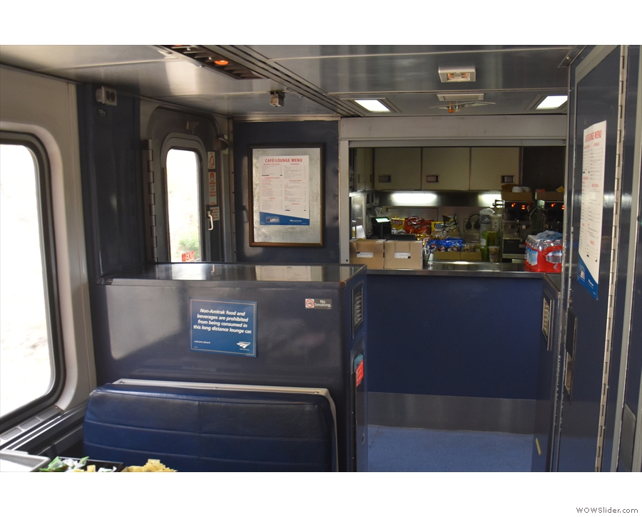 At one end of the cafe car is the counter.