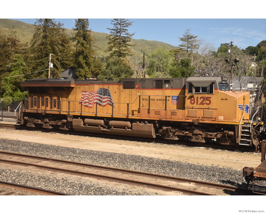 ... where one of two Union Pacific locomotives stand in the sidings.