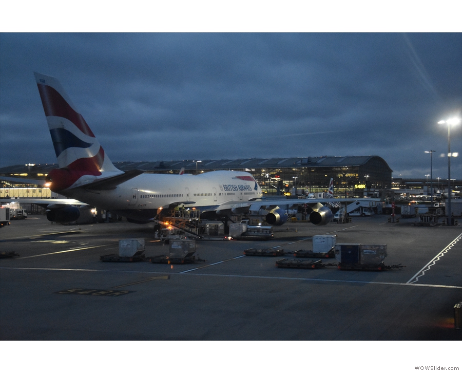 It's a short taxi to the terminal, past a British Airways 747...