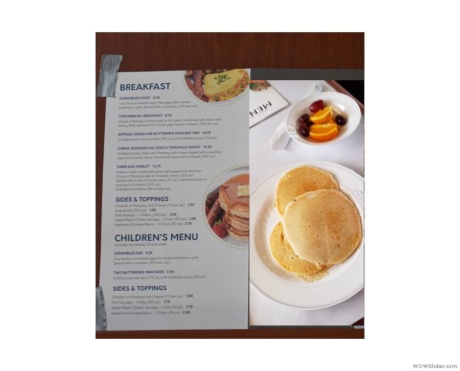 Here's the menu and the pancakes that Amanda had...