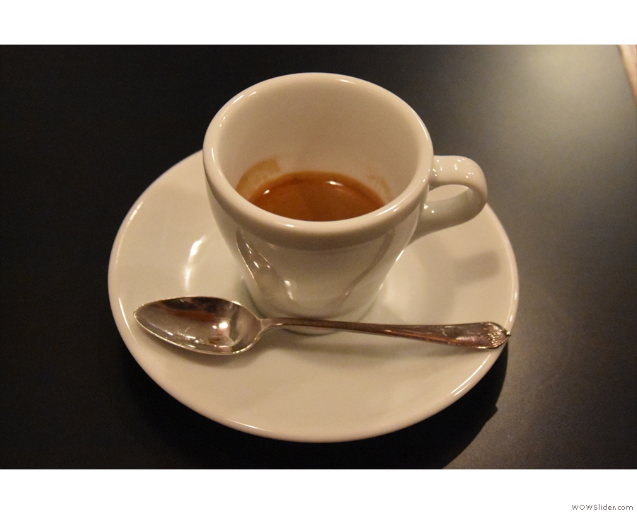 ... in two different cups. First you get a shot in a classic tulip-shaped espresso cup...