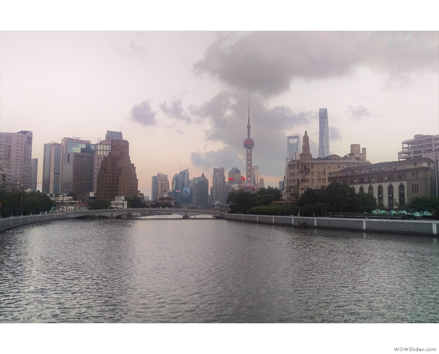 Here's my first sight of the famous Shanghai skyline looking down the Wusong River...