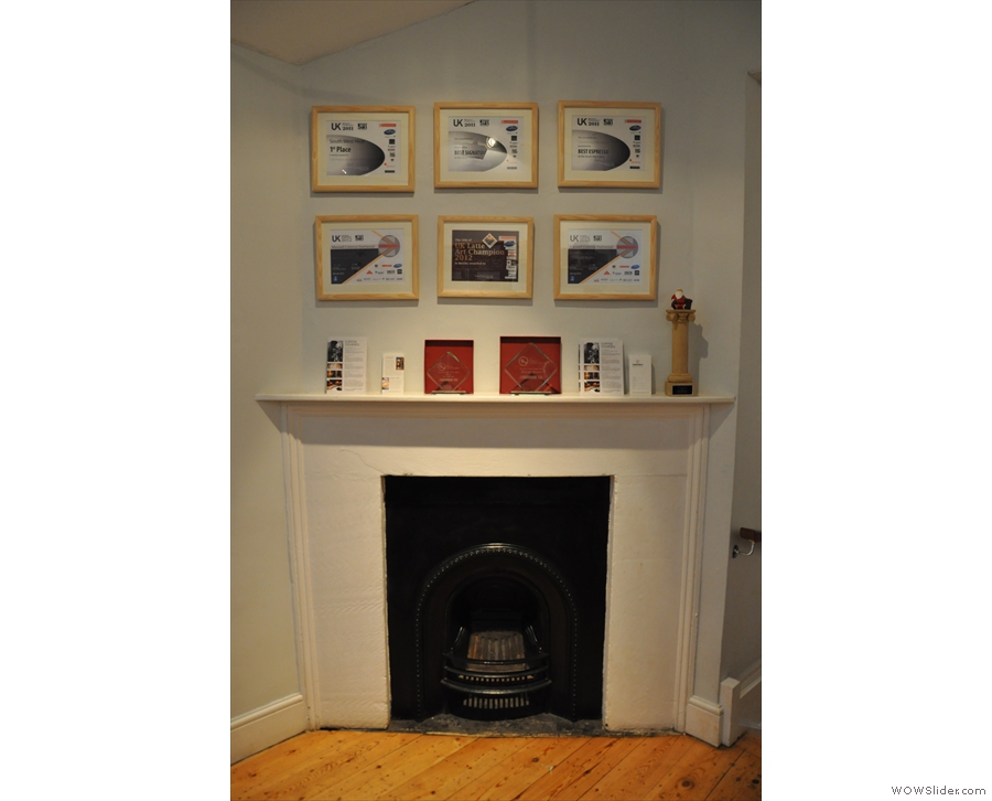 Nice fireplace at the top of the stairs with some of Colonna & Small's Awards.