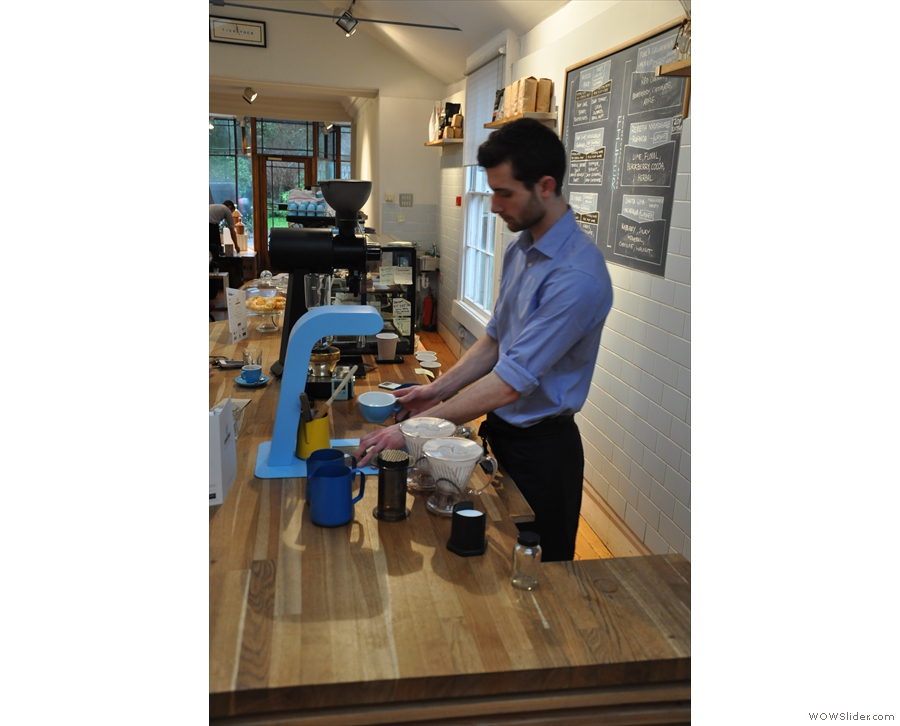 The brew bar in action: different methods (eg Clever Dripper, Aeropress) are used for different beans.
