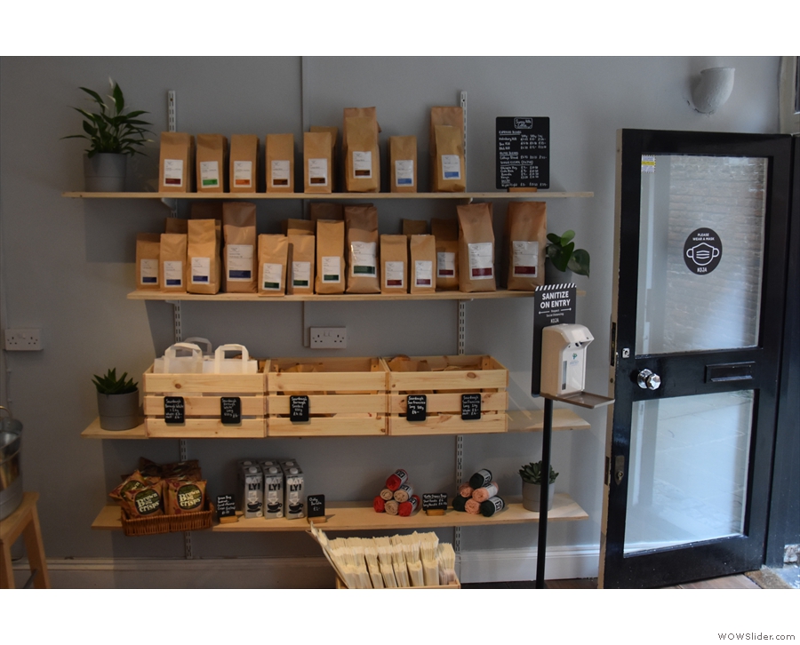 On the way in, you pass the old retail shelves. As well as bags of Surrey Hills Coffee...