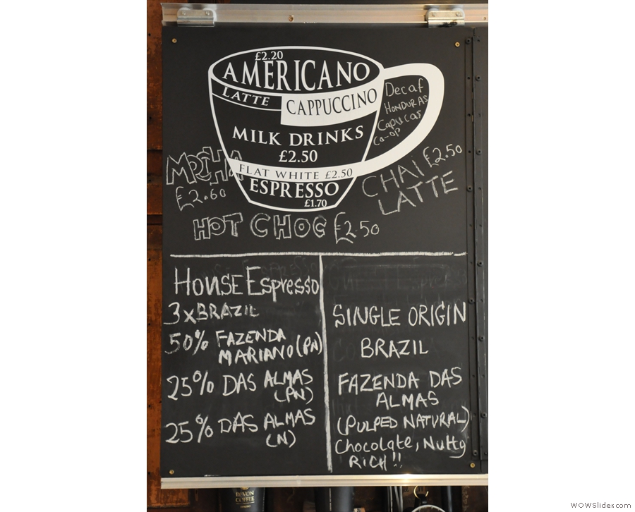The coffee menu, including the house blend, decaf and single-origin filter.