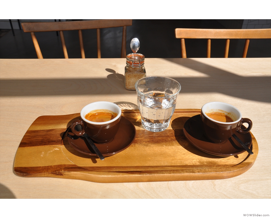 On my return, I enjoyed the espresso flight, sitting in the sun by the window...