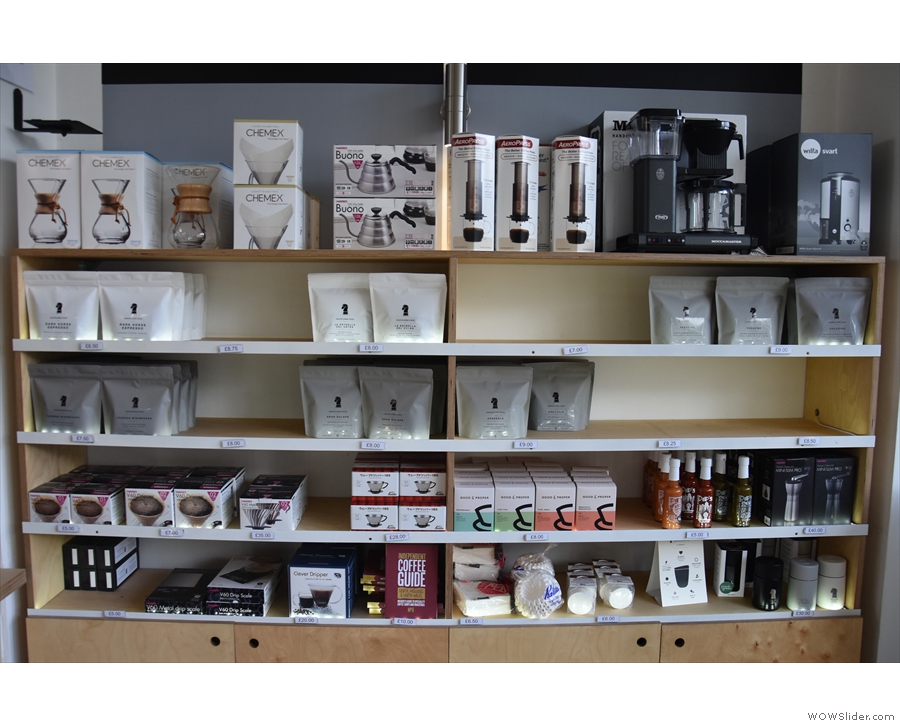There are all sorts goodies here, from retail bags of coffee to all manner of coffee kit.