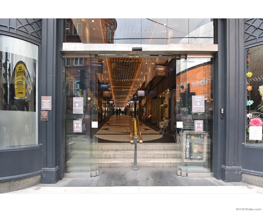 The southern end of the Piccadilly Arcade in Birmingham, gateway to great coffee.