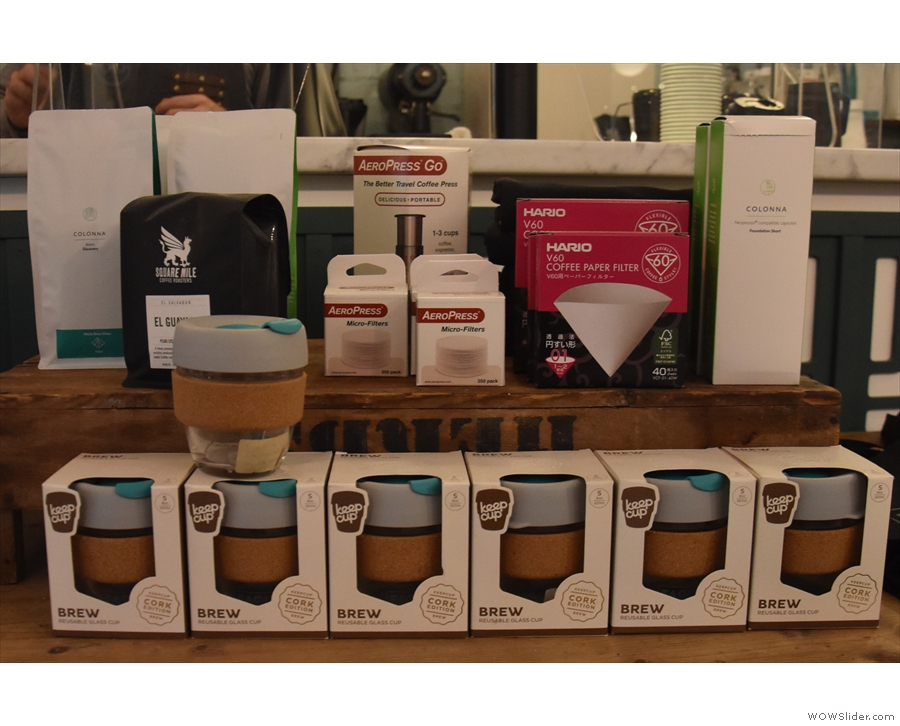 ... and more coffee, plus KeepCups and coffee-making kit on the right.
