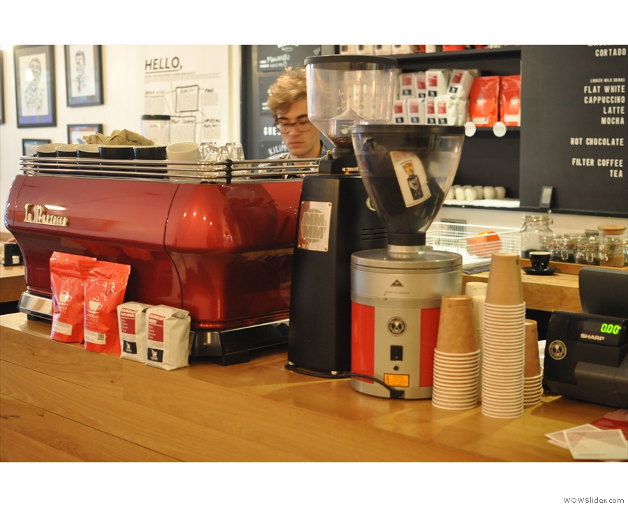 Down to business with a closer look at the counter and its bright red La Marzocco