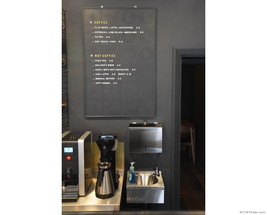 The menu, meanwhile, is on the back wall, above the Moccamaster batch brewer.