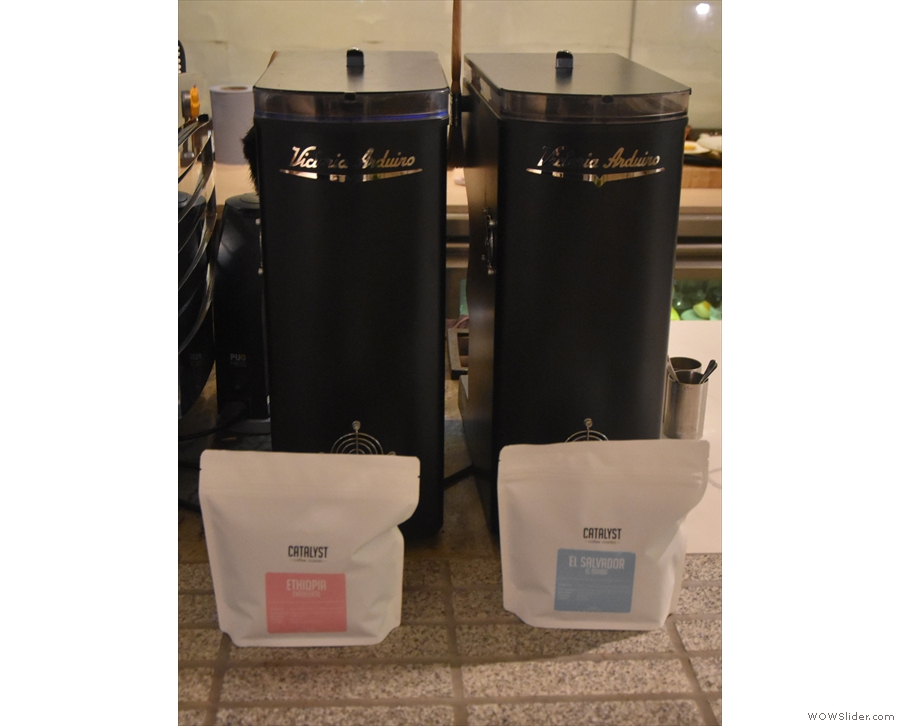 ... the current espresso choices denoted by the bags in front of each grinder.