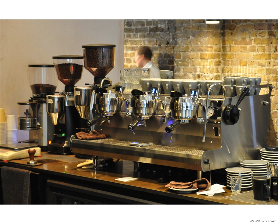 The business-end, complete with three grinders (Red Brick, Sweet Shop, Decaf)