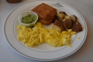 I had scrambled egg for breakfast, with potatoes, guacamole and a square croissant!