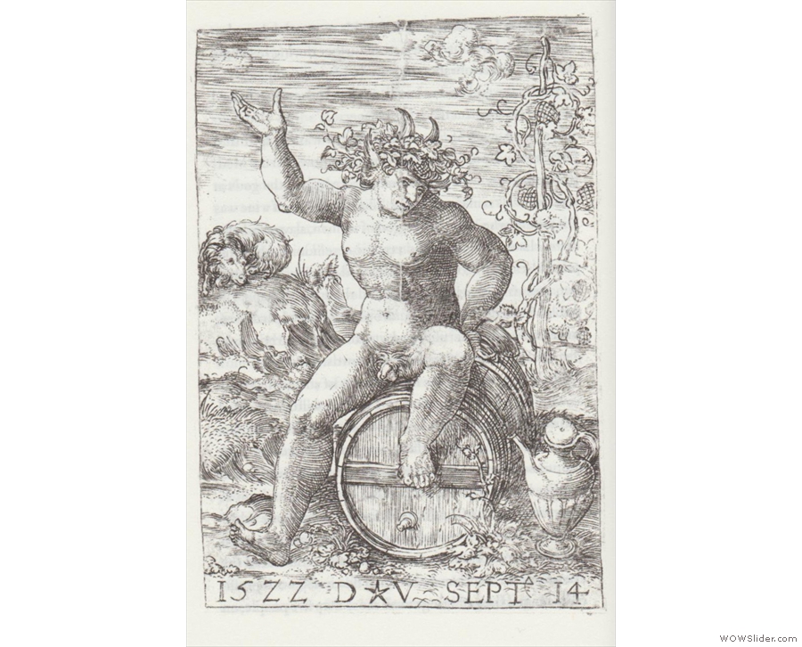 Wine's long history: a faun from Greek myth sits on a wine barrel (from a 1522 engraving).