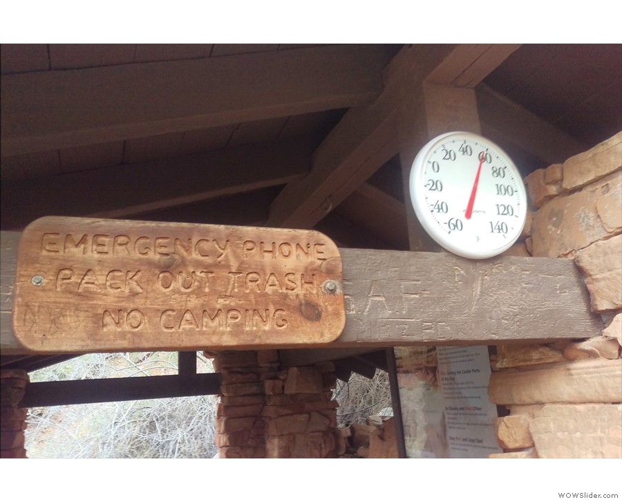 The thermometer reads 58°F (14°C), only slightly warmer than on the way down.