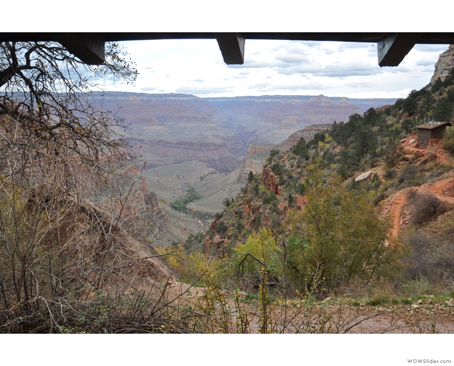 The view from the resthouse 'window', with Indian Garden and Plateau Point visible.