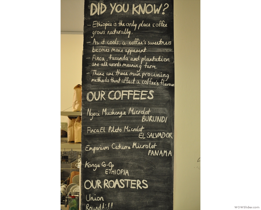 Pink Lane Coffee helpfully provides some coffee facts. Meanwhile, my caption helpfully obliterates the roasters: London's Union and Bath's Roundhill