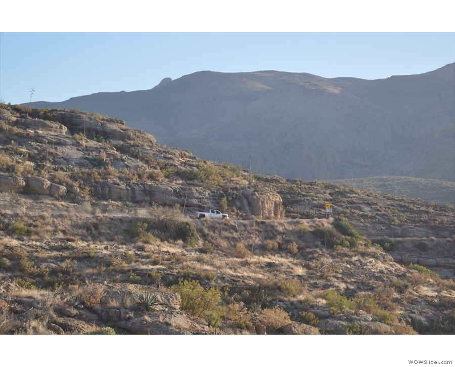The view from the car park, looking back at the Apache Trail, with a pickup truck for scale.
