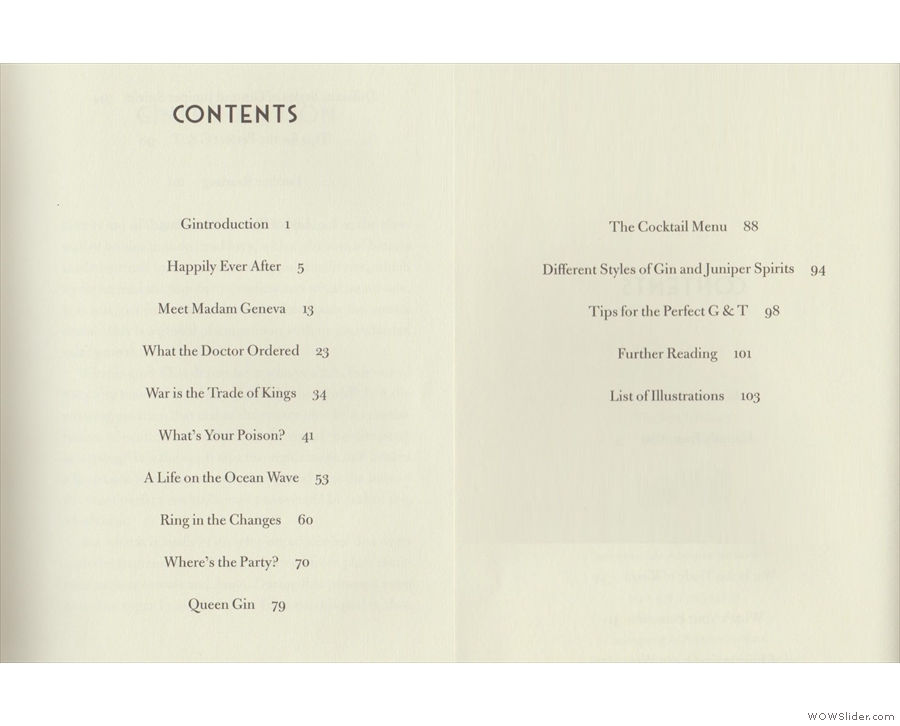 Like all the other books in the series, The Philosophy of Gin has a concise table of contents.