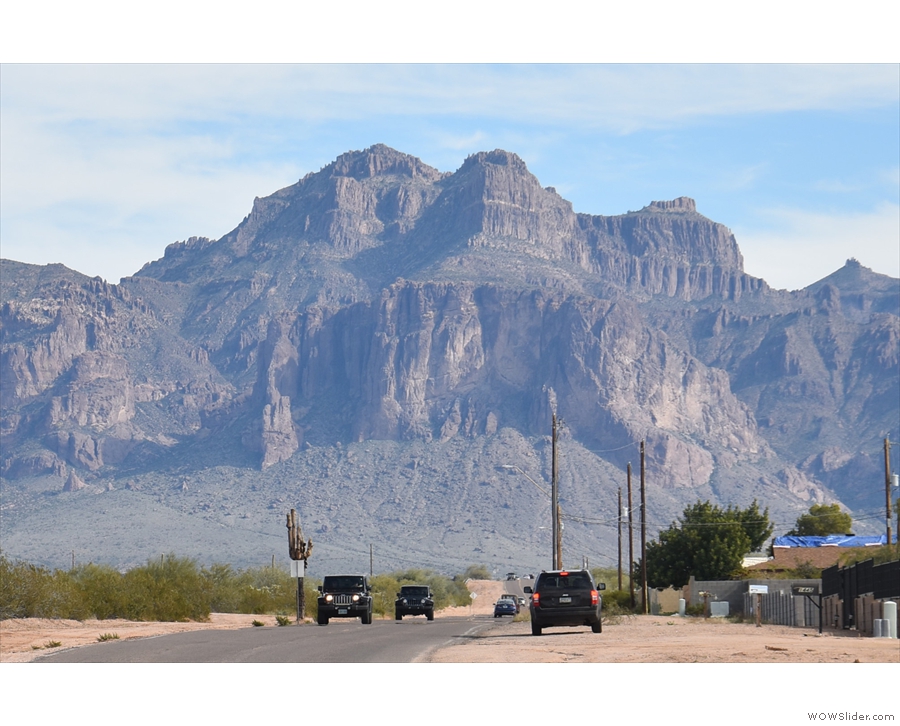 It looks like the road runs straight into the mountain, but actually it joins the Apache Trail...