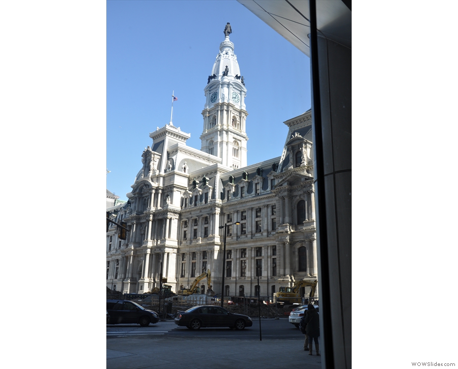 A view of the striking City Hall from within La Colombe.
