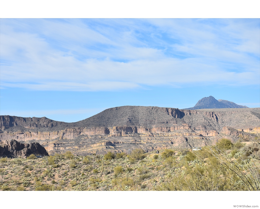 Loking north, back along the Apache Trail (you can see a car) and over Fish Creek Canyon.