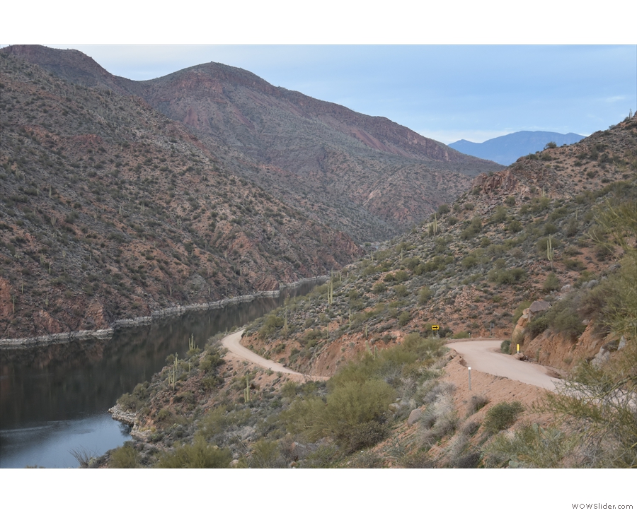 Back to the Apache Trail, where I was heading upstream, the road dropping...
