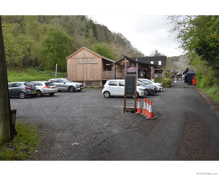 The approach to The Green Wood Café is through the car park...