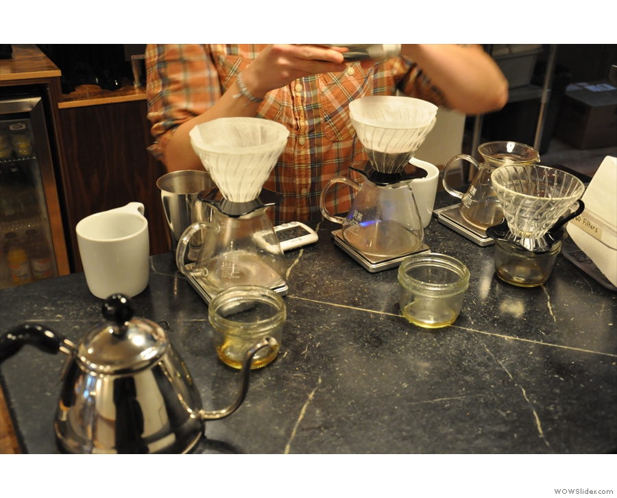 Each pour-over gets its own set of scales...
