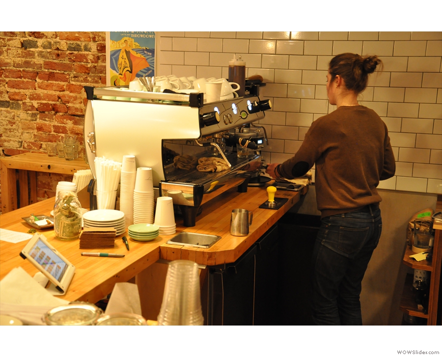 Meanwhile April is hard at work on the espresso machine, serving other customers.