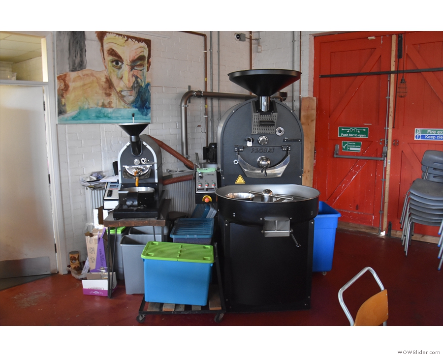 ... beyond which are the two Probat roasters (sample, left; production, right).