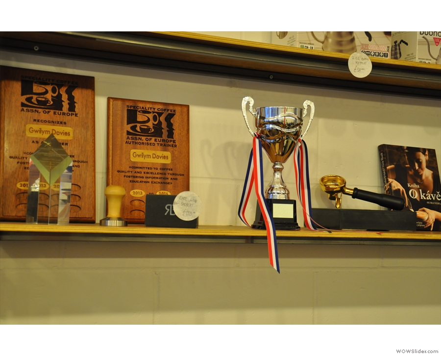 And a shelf celebrating director Gwilym Davies' various awards/trophies.