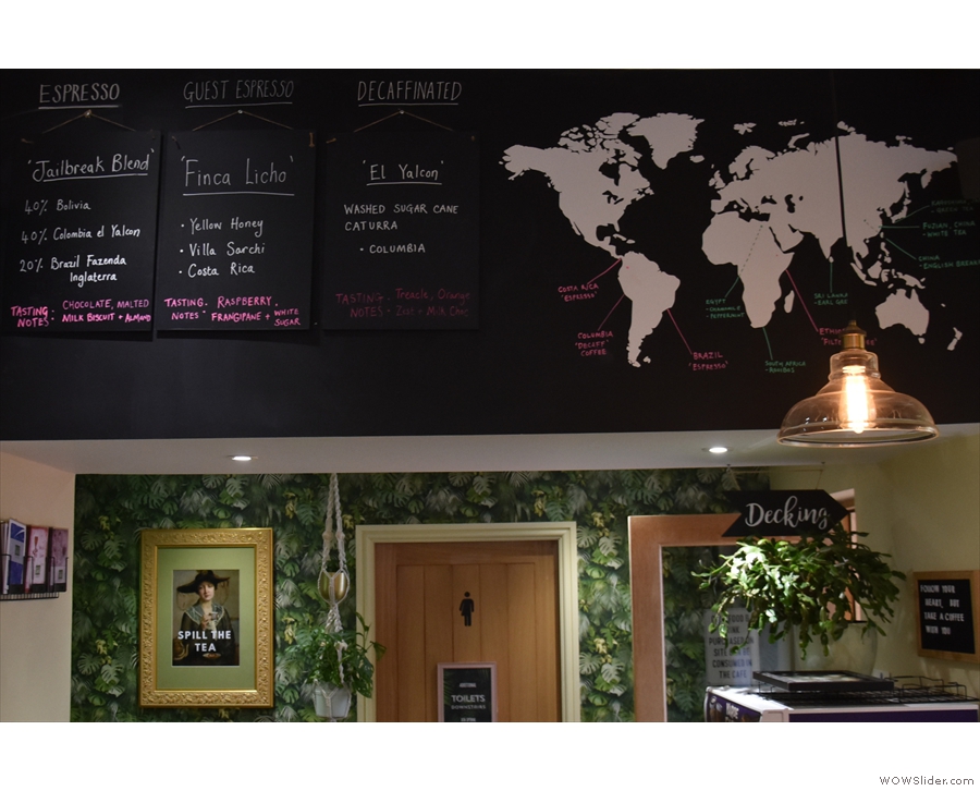 There are details of the coffee on the back wall, with a map showing where it came from.