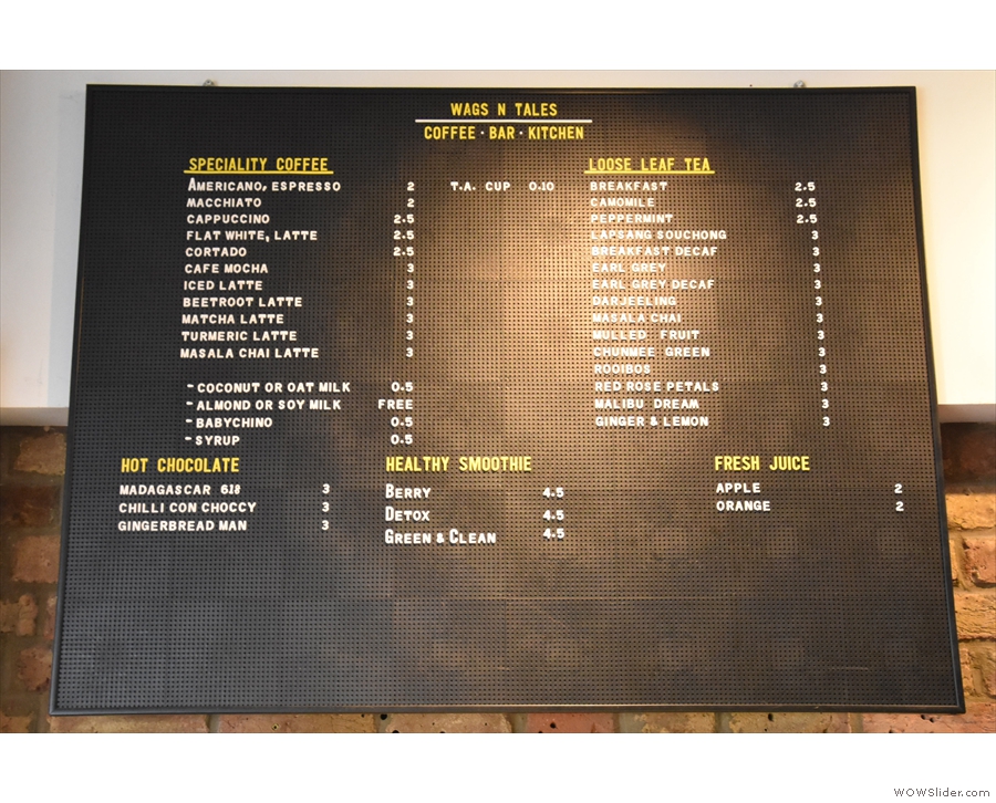 The coffee and tea menus are also here, on the wall above.
