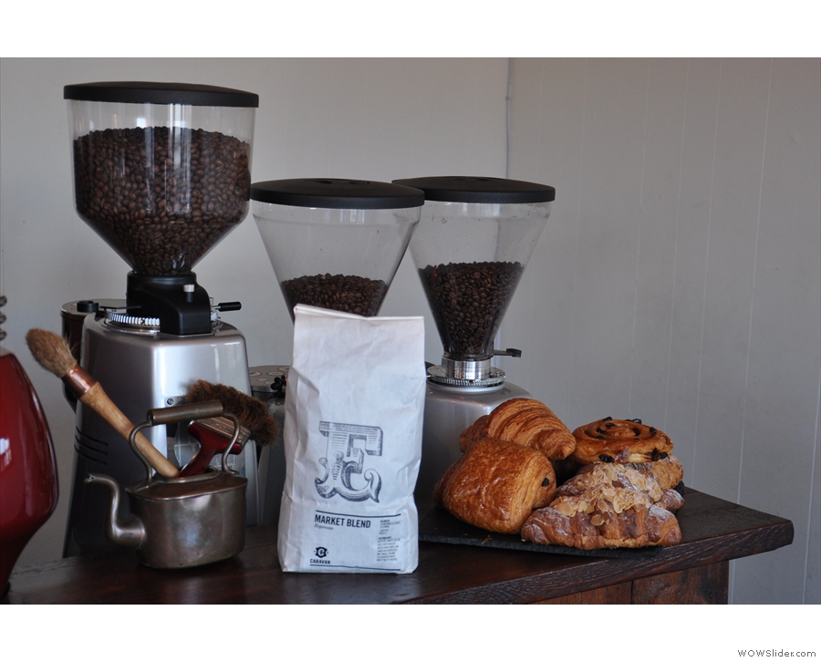 The three grinders are for the house blend, the guest (Caravan) and the decaf.