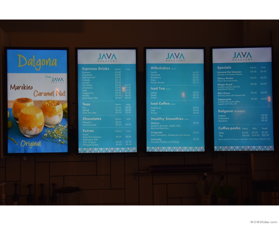 The menus, by the way, are on these very swish displays on the wall behind the counter.