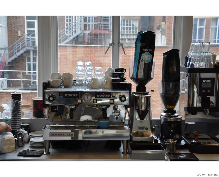 Here's the espresso machine, grinders and the boiler for the tea.