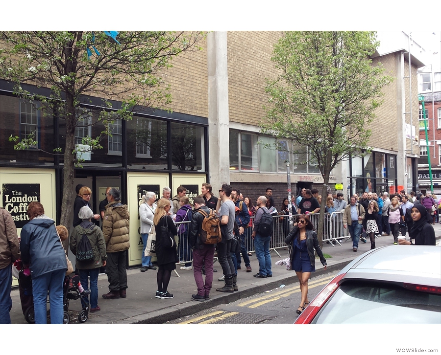 The queue outside the London Coffee Festival. Having a press pass has it's advantages!