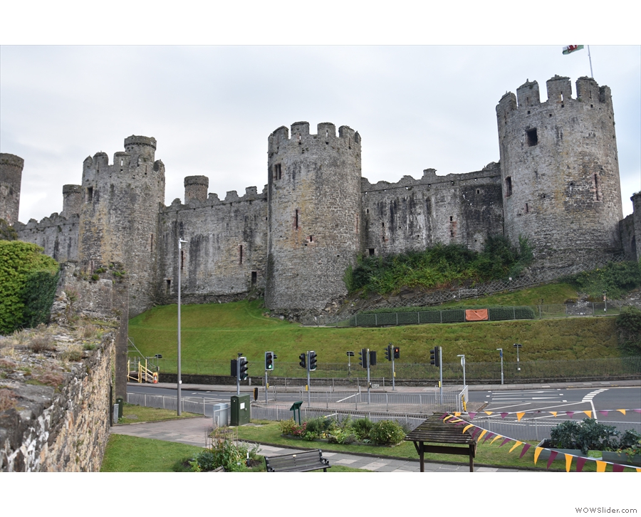 ... where you look along the town walls to the might of Conwy Castle.