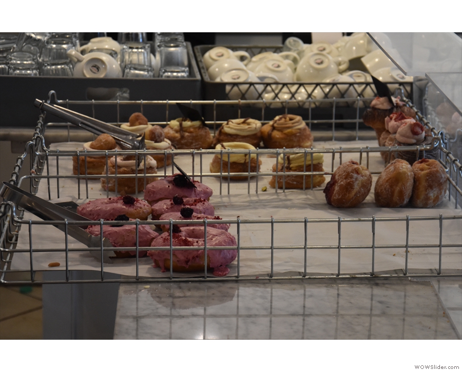 Another view of the doughnuts (foreground) and cruffins and cronuts (behind).