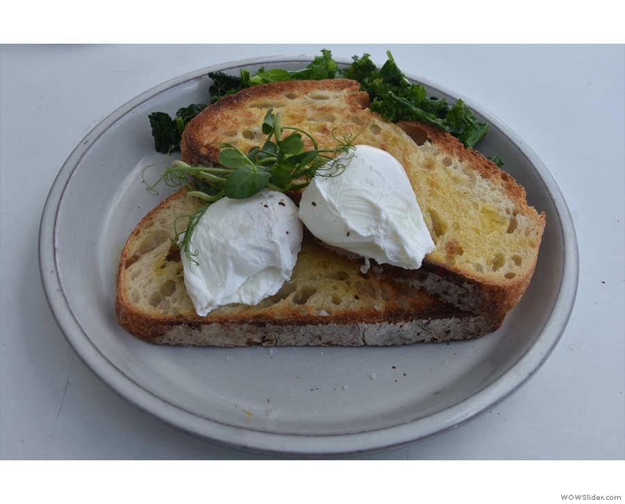 On my first visit, I kept it simple with the poached eggs on sourdough toast...